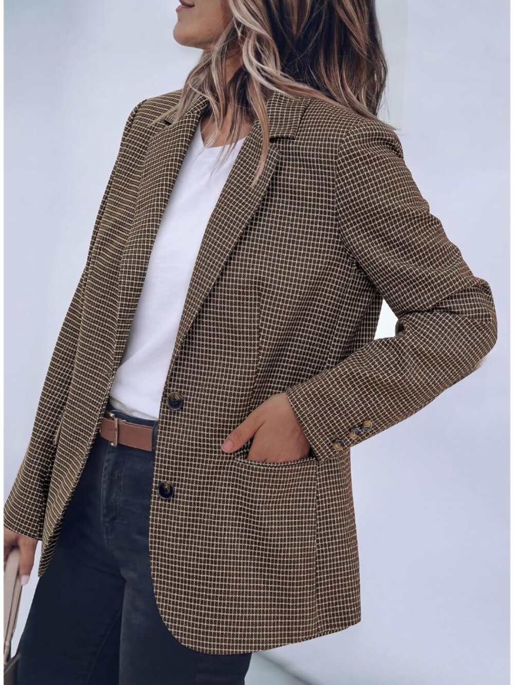 Women's Plaid Brown Long Sleeve Notch Lapel Pockets Oversized Blazer Suit Jacket - Picture 4 of 6